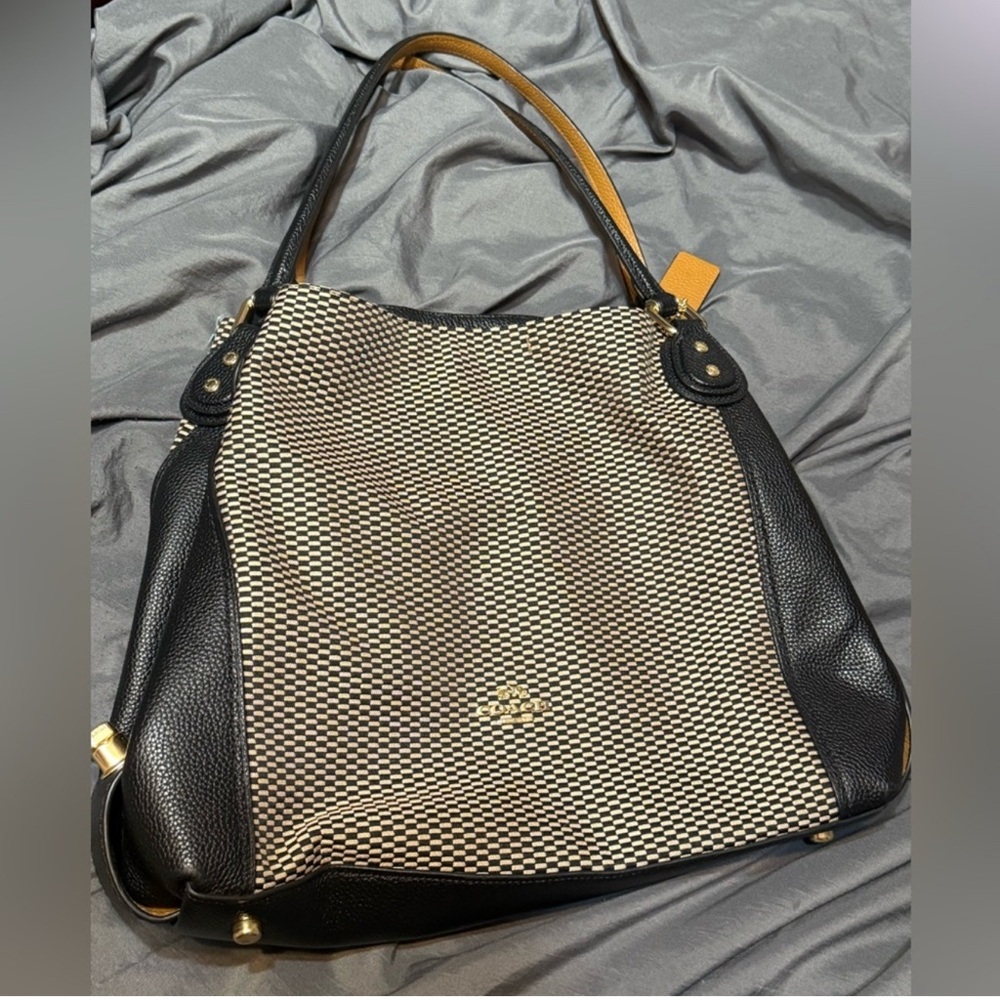 Coach Black and Tan Shoulder Bag with Gold Hardware